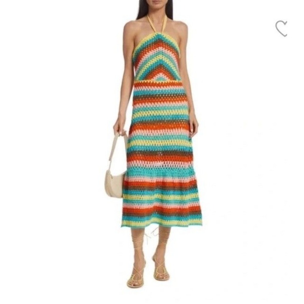 Saylor Freida Striped Crochet Knit halter Midi Dress XS Resort vacation NWT